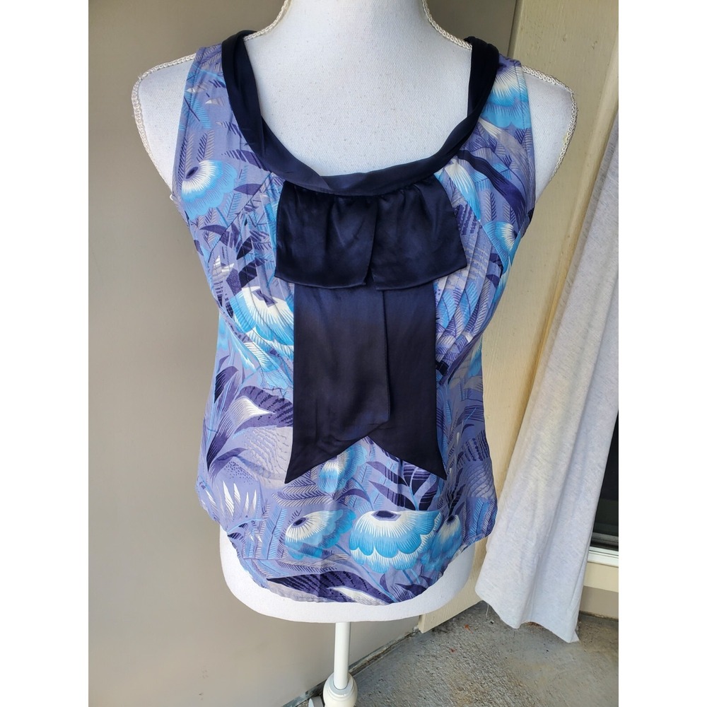 Antropologie Odille‎ Top Womens 0 Blue Purple Floral Pleated Bow Side Zip